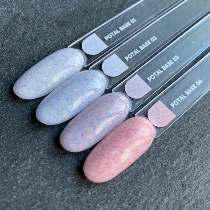 NAILSOFTHEDAY Potal Base 02 – mleczno-błękitna baza ze złoto-fioletowymi i turkusowymi płatkami, 10 ml - obrazek 2