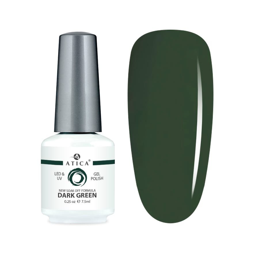 Dark Green – lakier hybrydowy 7.5 ml Atica Lakier hybrydowy Atica Dark Green 7.5 ml – głęboki, elegancki odcień zieleni
