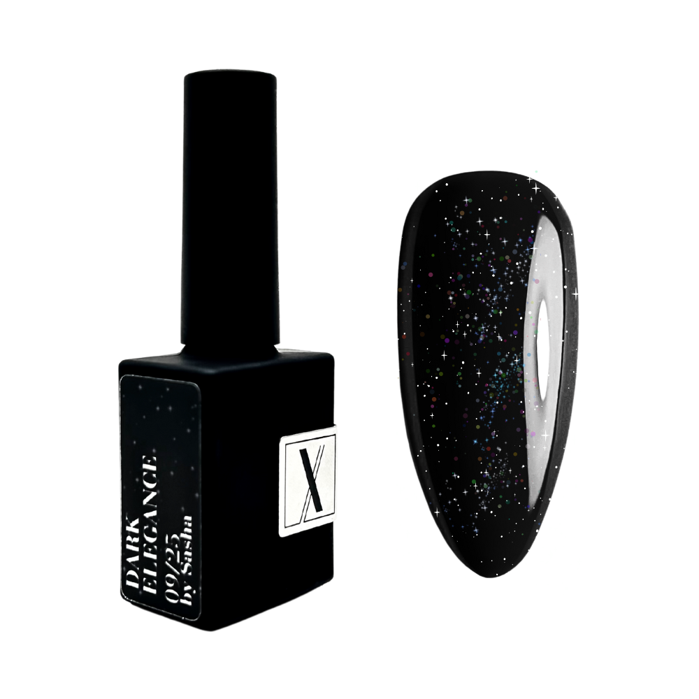 Dark Elegance 09/25 – lakier hybrydowy Xnail Maestro Color 10 ml Lakier hybrydowy Dark Elegance 09/25 – czarny kryjący z drobinkami 10 ml