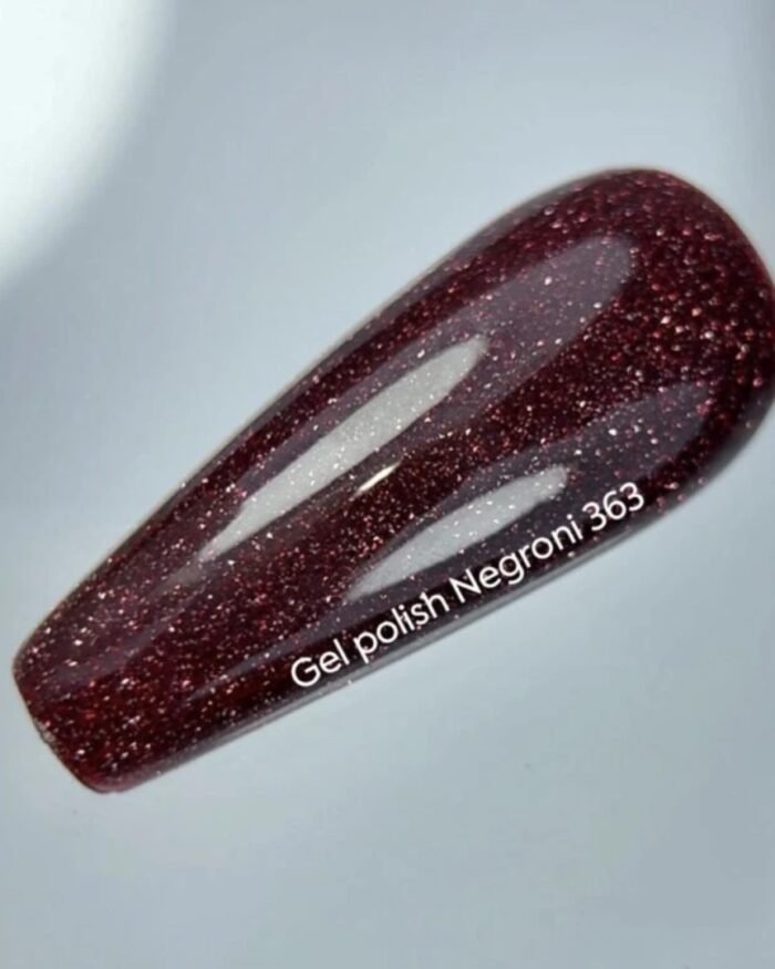 NAILSOFTHEDAY Negroni – bordowy lakier hybrydowy z odblaskową drobinką, 10 ml - obrazek 2