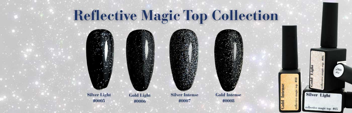 Kolekcja Reflective Magic Top: Silver Light, Gold Light, Silver Intense oraz Gold Intense na czarnych paznokciach z efektem refleksyjnym