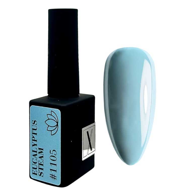Eucalyptus Steam #1105 lakier hybrydowy niebieski 10 ml Lakier hybrydowy niebieski Eucalyptus Steam #1105 kolor na tipsie próbka