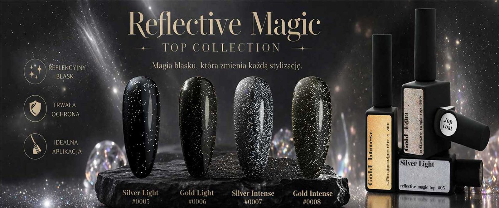 Kolekcja Reflective Magic Top: Silver Light, Gold Light, Silver Intense oraz Gold Intense na czarnych paznokciach z efektem refleksyjnym