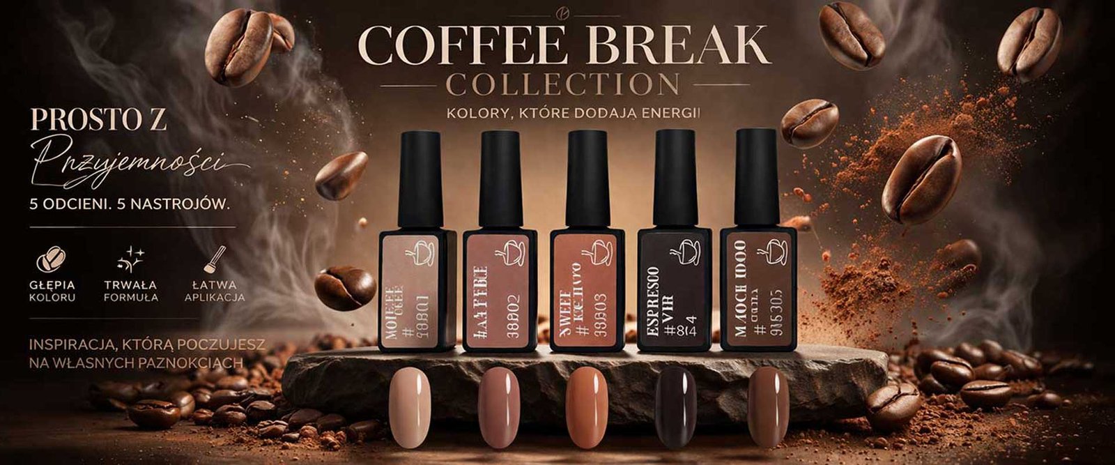 Kolekcja Coffee Break – lakiery hybrydowe w odcieniach kawowych inspirowanych espresso i latte