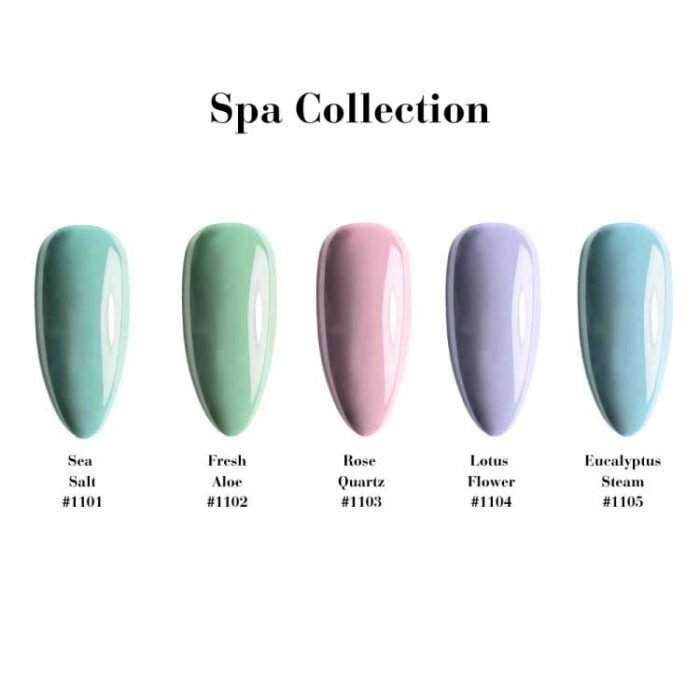 Lakier hybrydowy Spa Collection pastelowe kolory turkus róż fiolet manicure hybrydowy próbki kolorów
