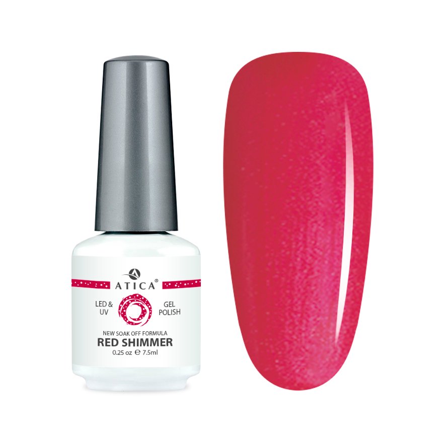 Atica Red Shimmer – lakier hybrydowy 8 ml Lakier hybrydowy Atica Red Shimmer 8 ml – czerwony kolor z efektem shimmer do manicure hybrydowego